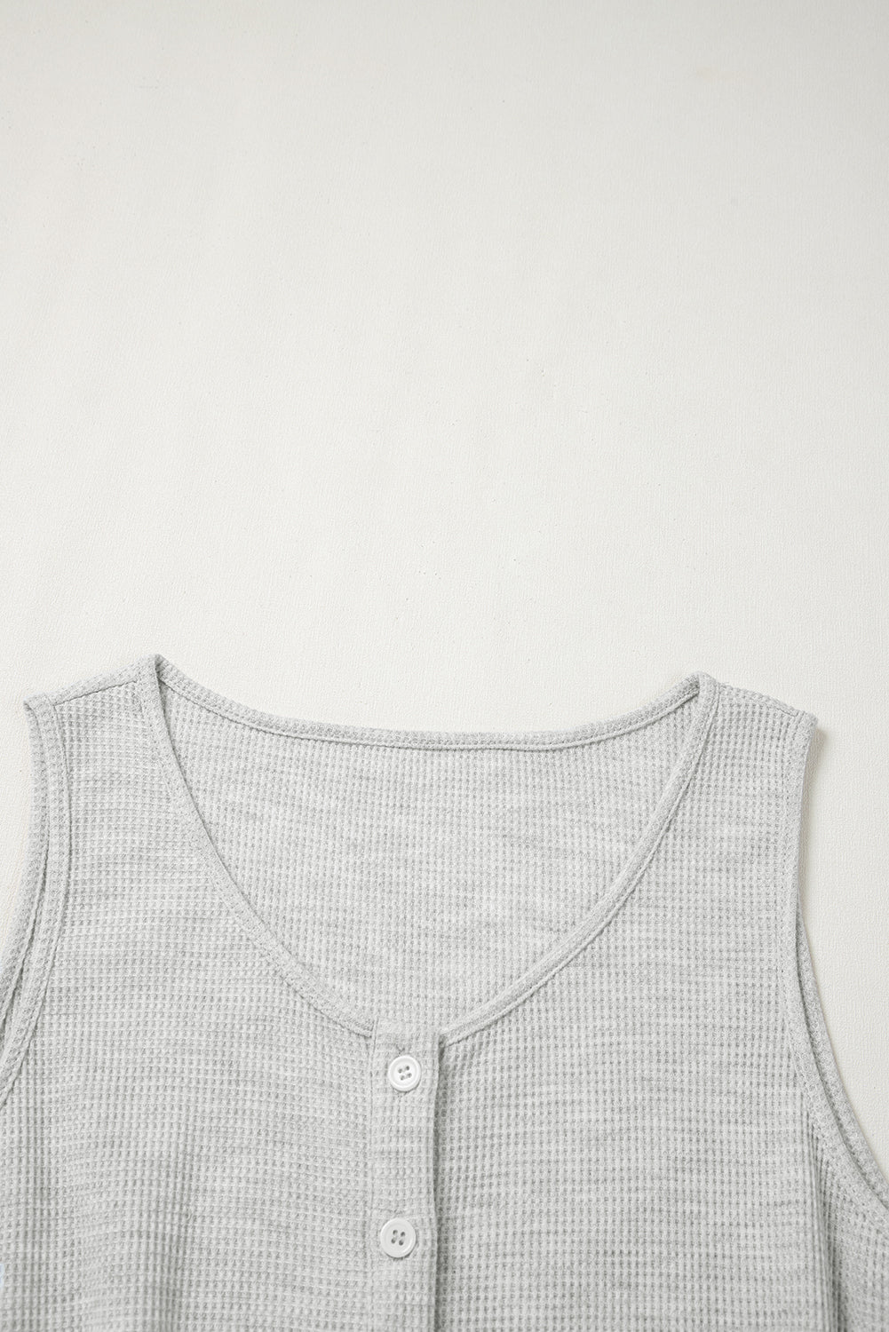 Light Grey Waffle Knit Sleeveless Buttoned Front Drawstring Elastic Waistband Romper