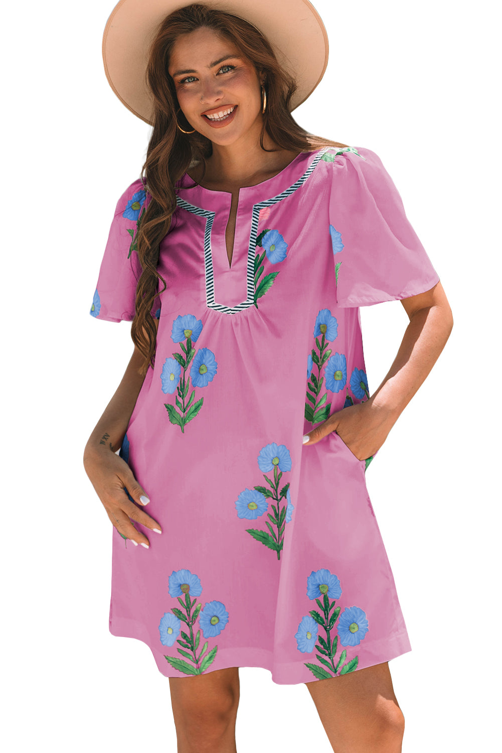 Apricot Floral Short Sleeve Split Neck Loose Mini Dress