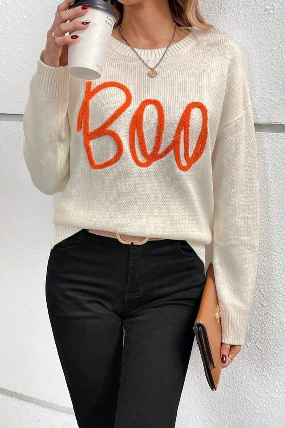 Orange Boo Knitted Pattern Ribbed Edge Drop Shoulder Sweater