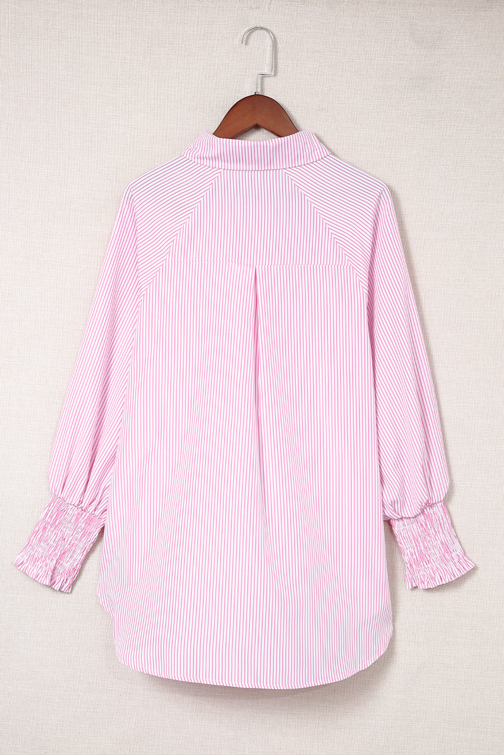 Red Stripe Smocked Cuffed Striped Boyfriend Shirt with Pocket