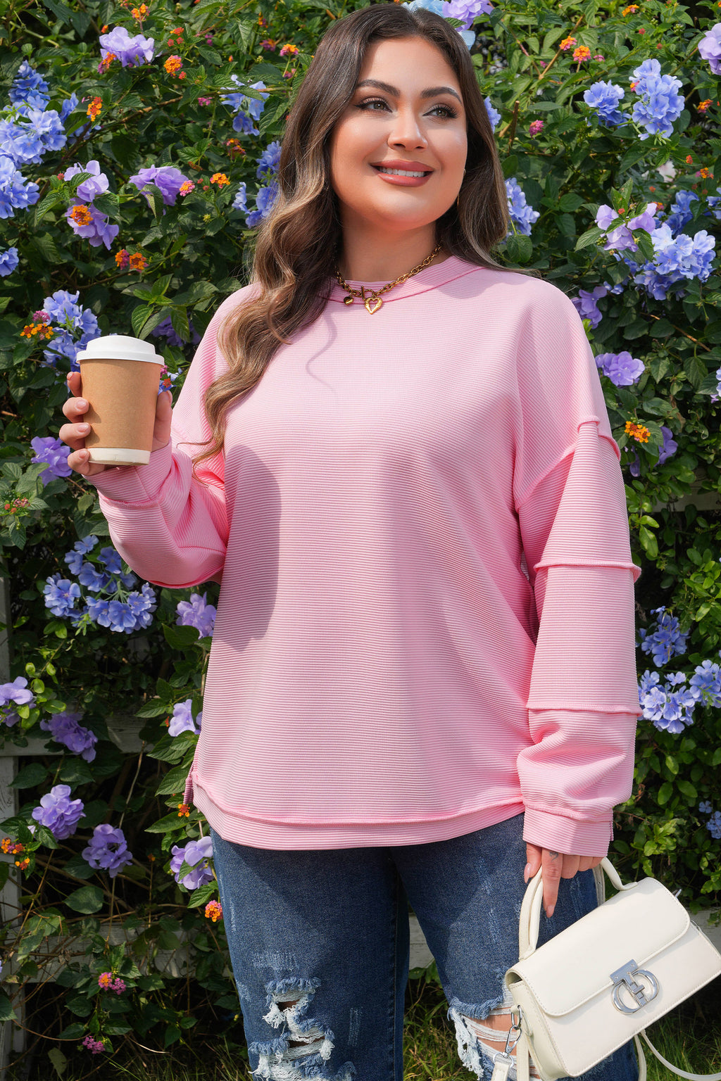 Lavendula Horizontal Ribbed Exposed Seam Detail Drop Shoulder Baggy Pullover