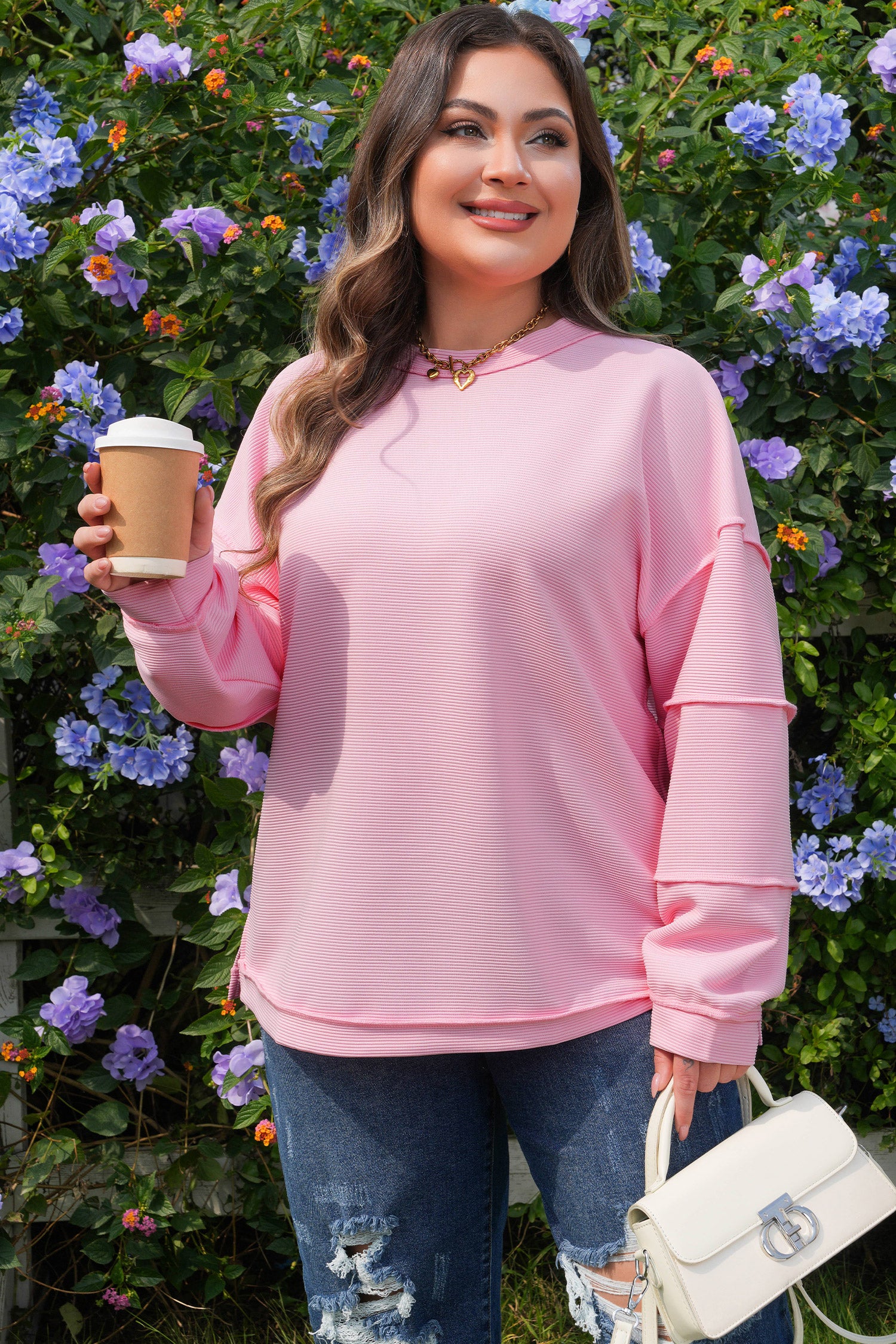 Lavendula Horizontal Ribbed Exposed Seam Detail Drop Shoulder Baggy Pullover