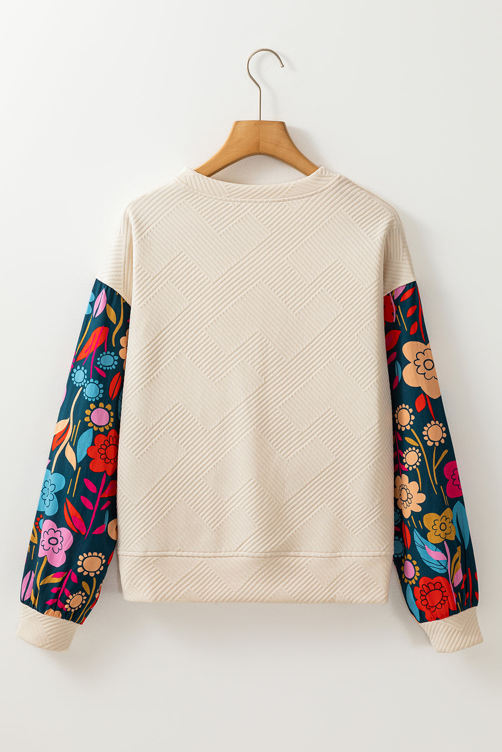 White Floral Patchwork Sleeve Textured Plus Size Pullover Top