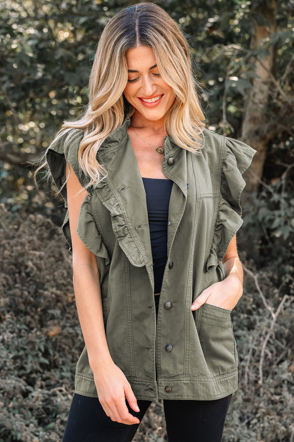 Pale Khaki Ruffled Patchwork Denim Jacket Vest