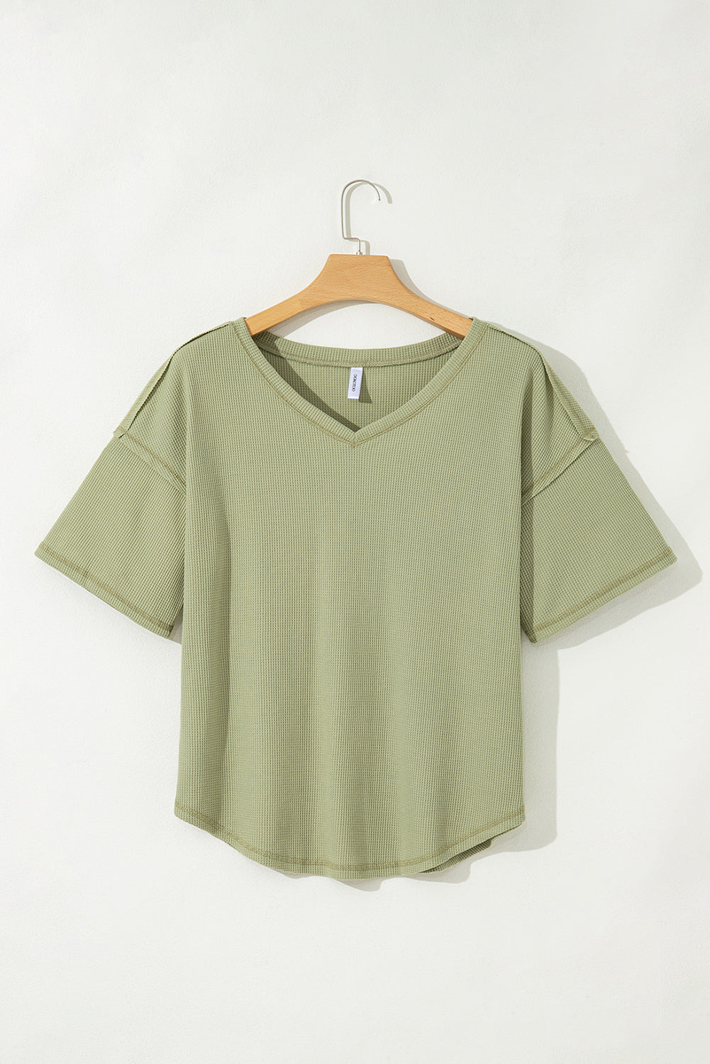 White Exposed Seam Half Sleeve Knitted V Neck Textured Top