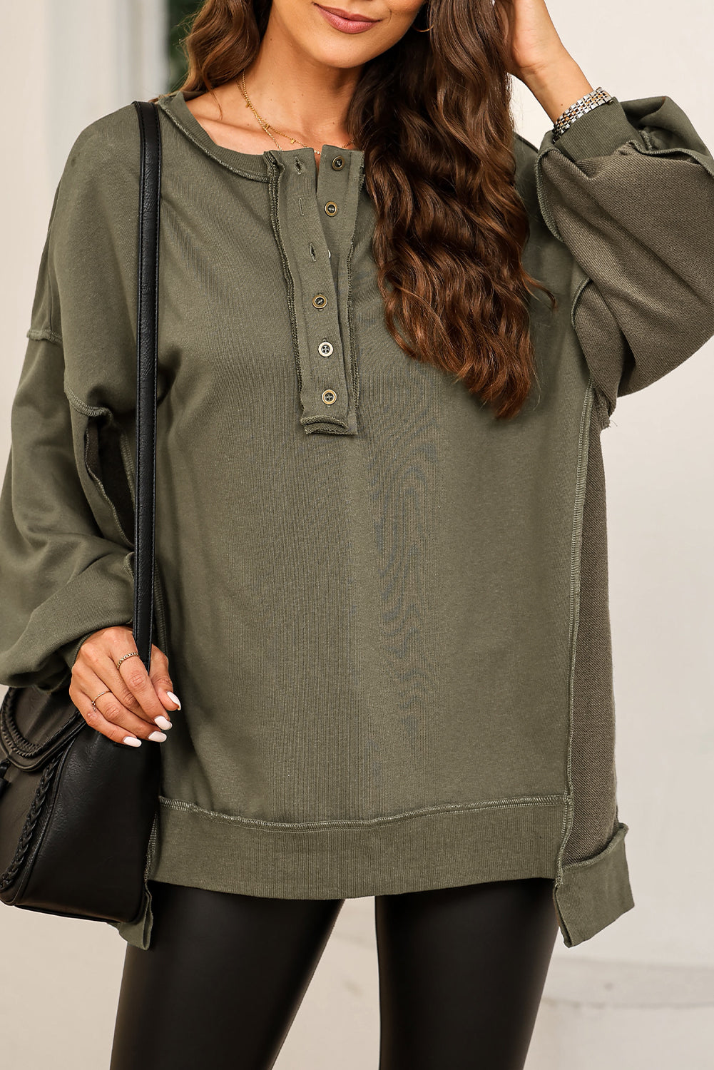 Green Oversized Exposed Seam Henley Sweatshirt
