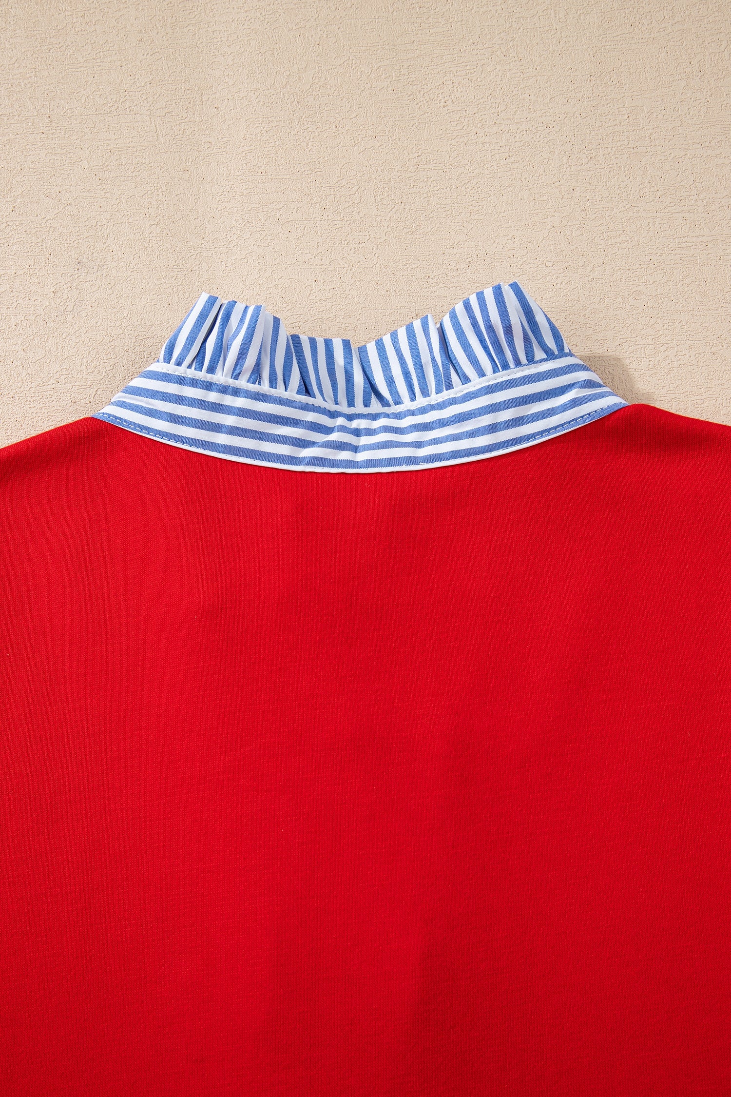 Fiery Red Contrast Striped Collar Patchwork Puff Sleeve Ruffle Hem Mini Dress