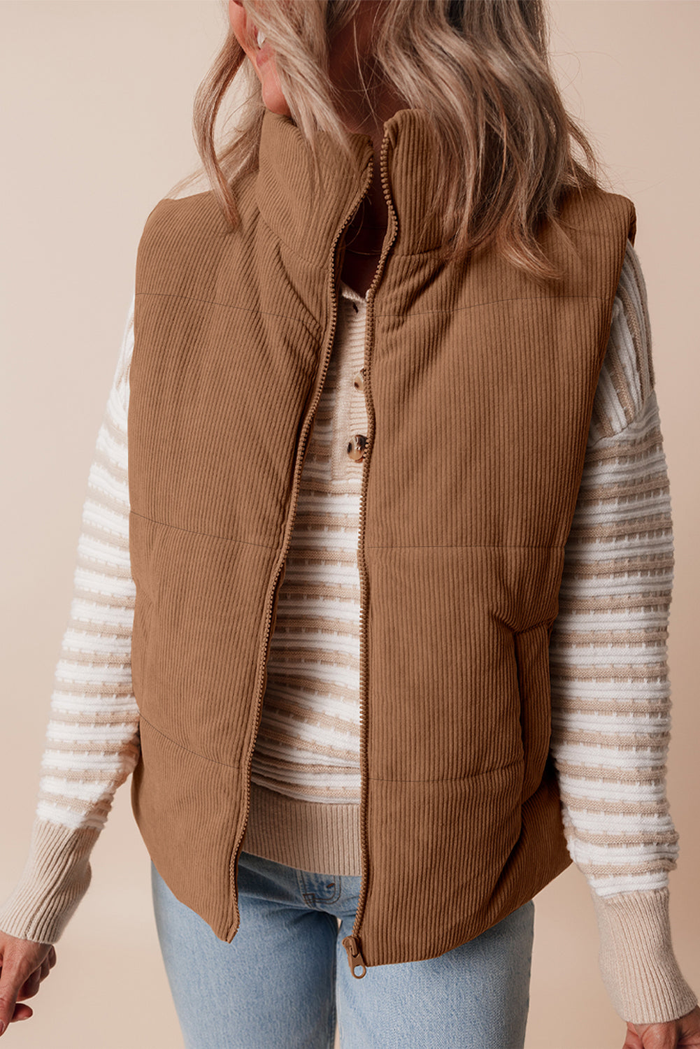 Beige Corduroy Stand Neck Zipped Puffer Vest