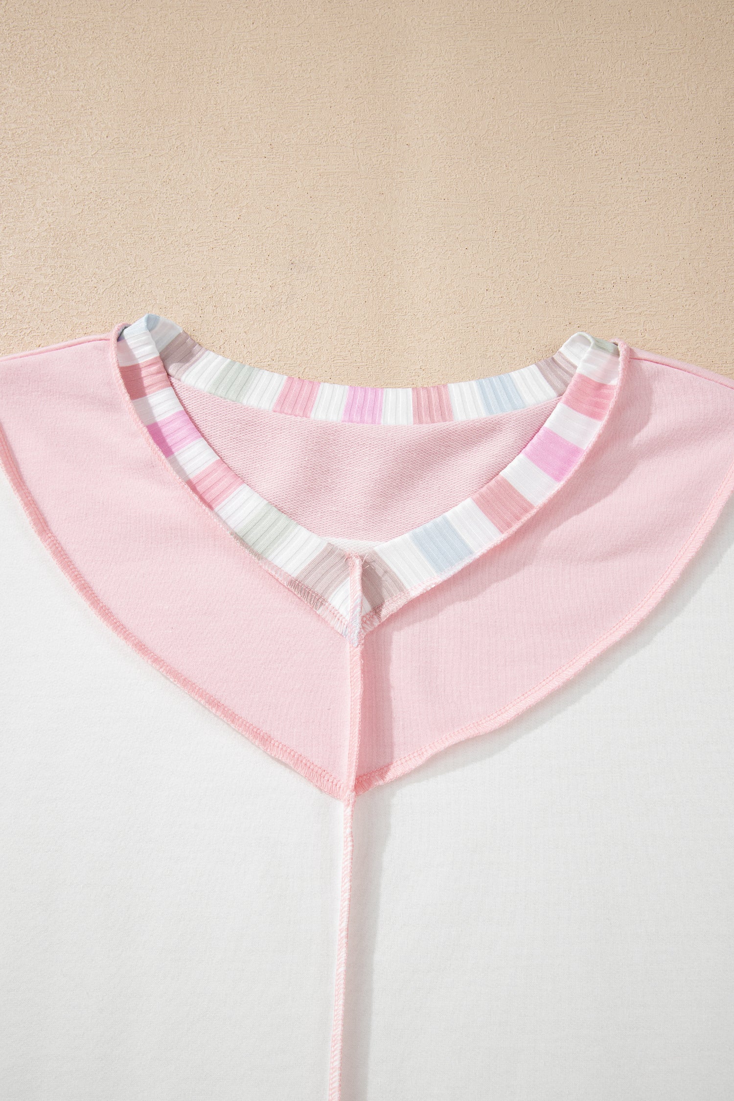 White Exposed Seam Rainbow Stripe Color Block V Neck Loose Long Sleeve Top