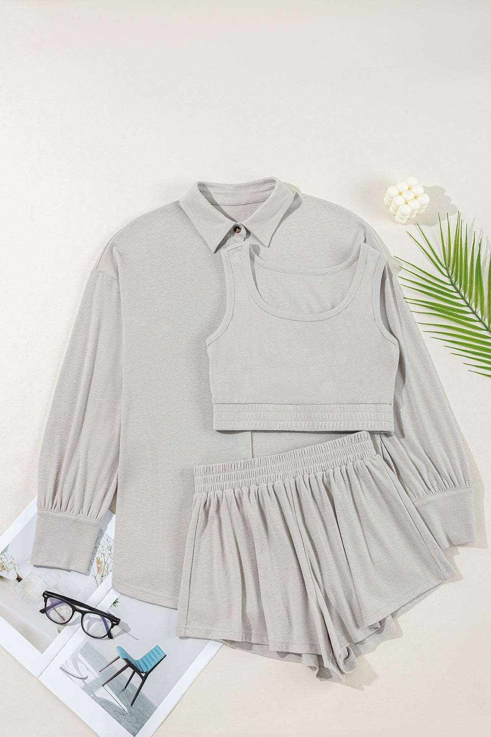 Black 3 Pcs Crop Tank Top Shorts with Cardigan Lounge Set