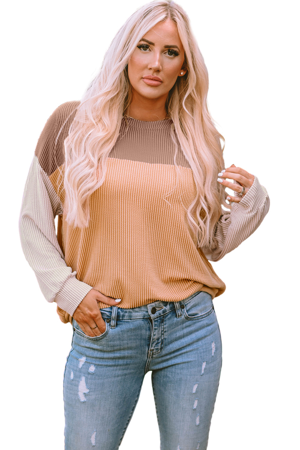 Pale Chestnut Color Block Corded Long Sleeve Top