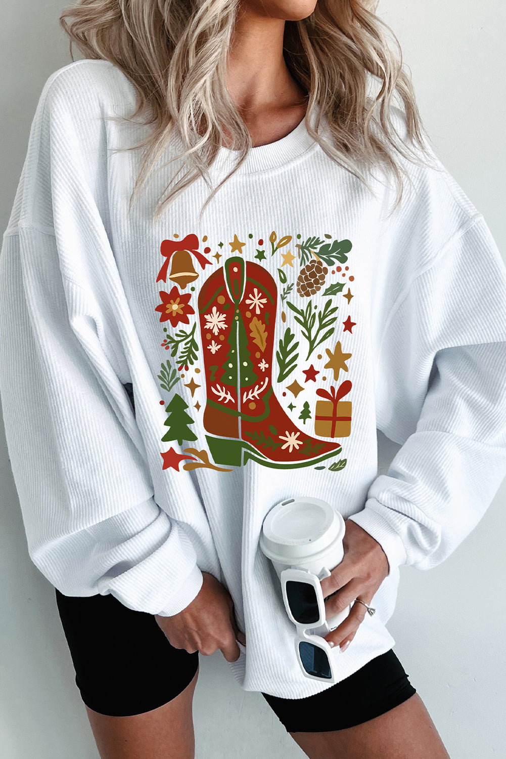 White Christmas Leafy Boot Printed Corded Rib Drop Shoulder Sweatshirt