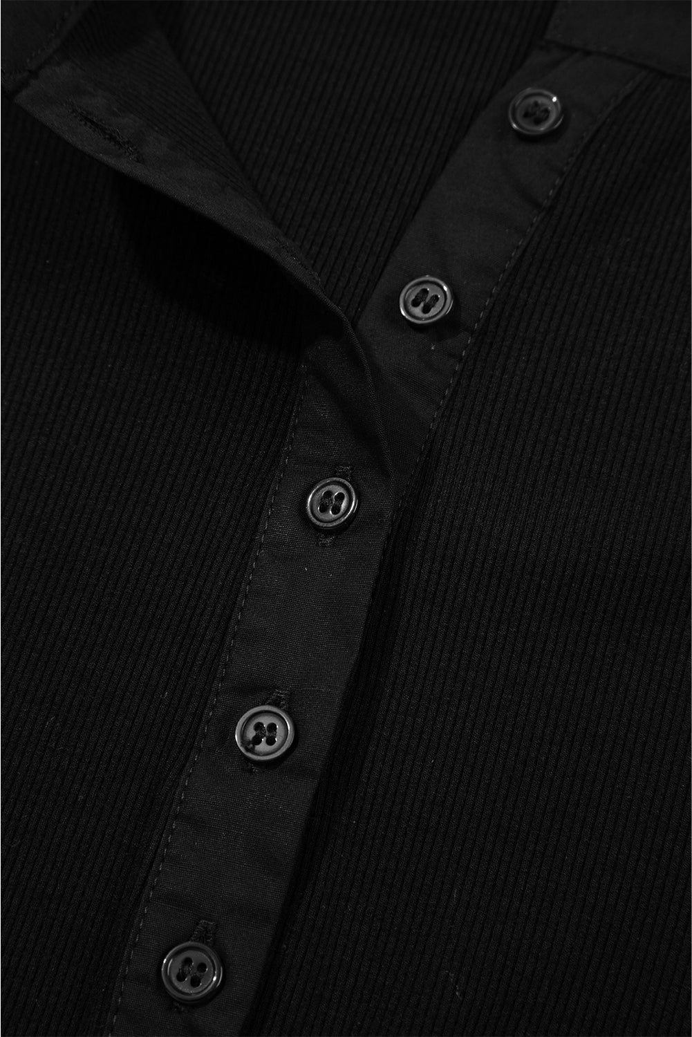 Black Ribbed Patchwork Puff Sleeve Half Button Placket Slim Fit Top