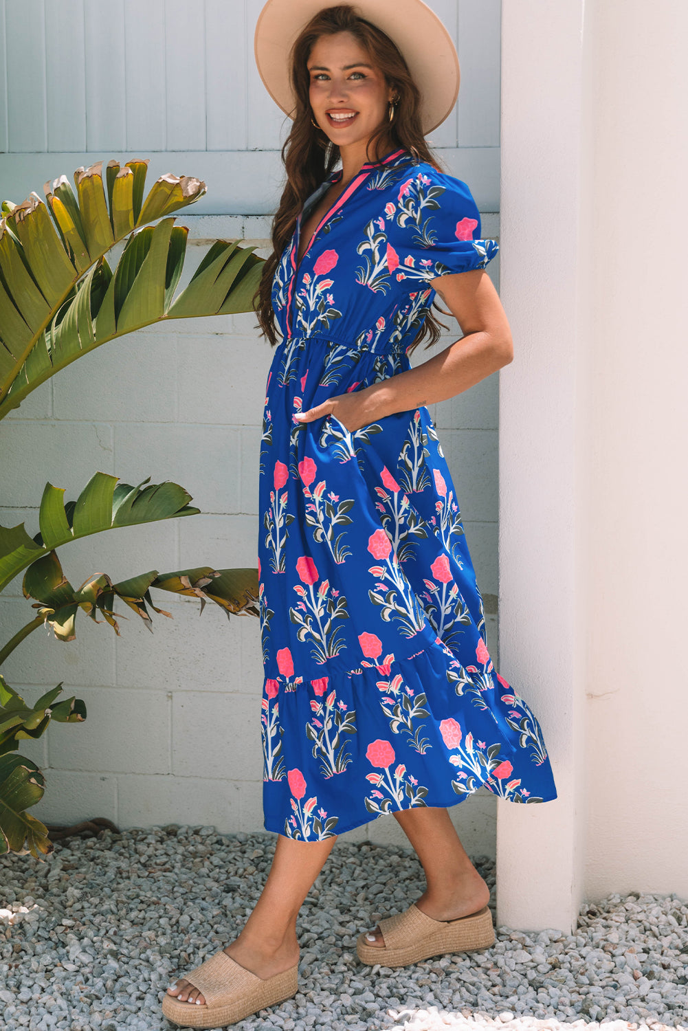 White Floral Puff Short Sleeve V Neck High Waist Maxi Dress