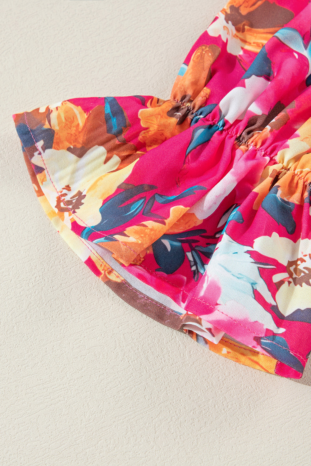 Bright Pink Floral Patchwork Flounce Sleeve Rib Knit Plus Top