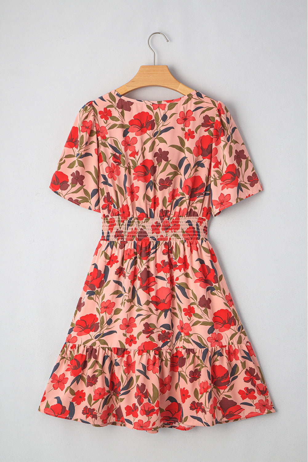 Black Floral Print Wrap V Neck Short Sleeve High Waistband Mini Dress