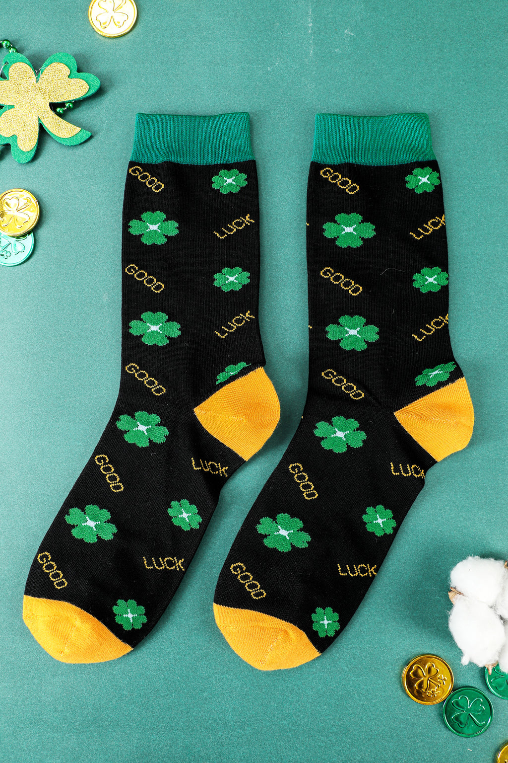 Dark Green GOOD LUCK St Patrick Clover Color Block Socks?