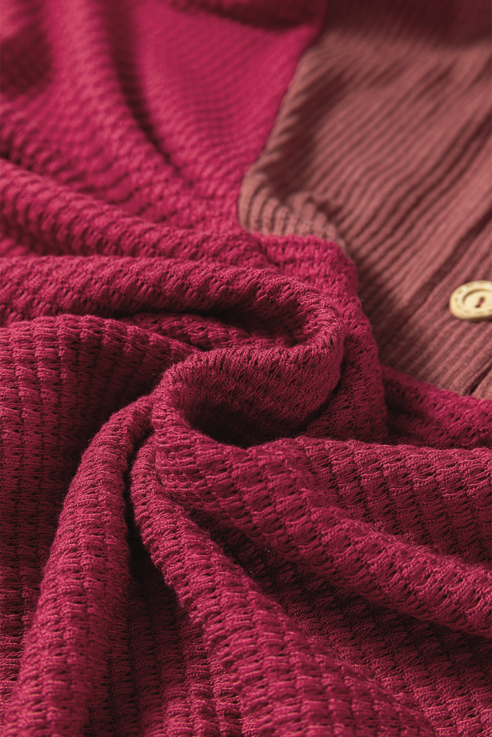 Oatmeal Waffle Patchwork Drop Shoulder Hooded Long Sleeve Top