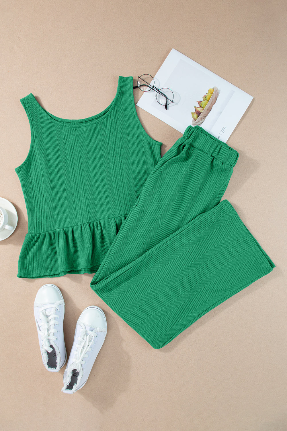 Beau Blue Solid Color Ribbed Ruffle Tank Top and Pants Set
