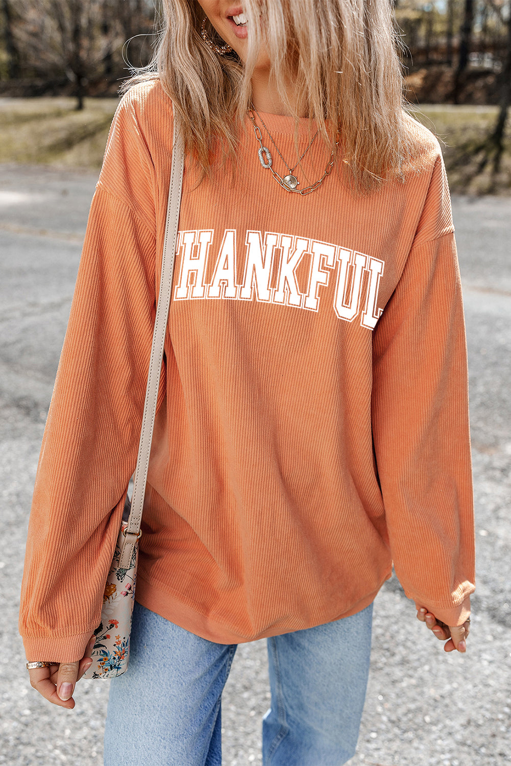 Orange Thankful Ribbed Crew Neck Thanksgiving Sweatshirt