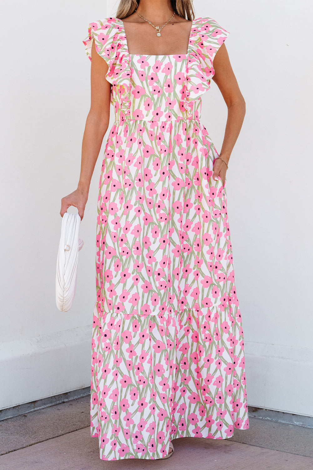 Blue Floral Print Square Neck Ruffled Strap Maxi Dress