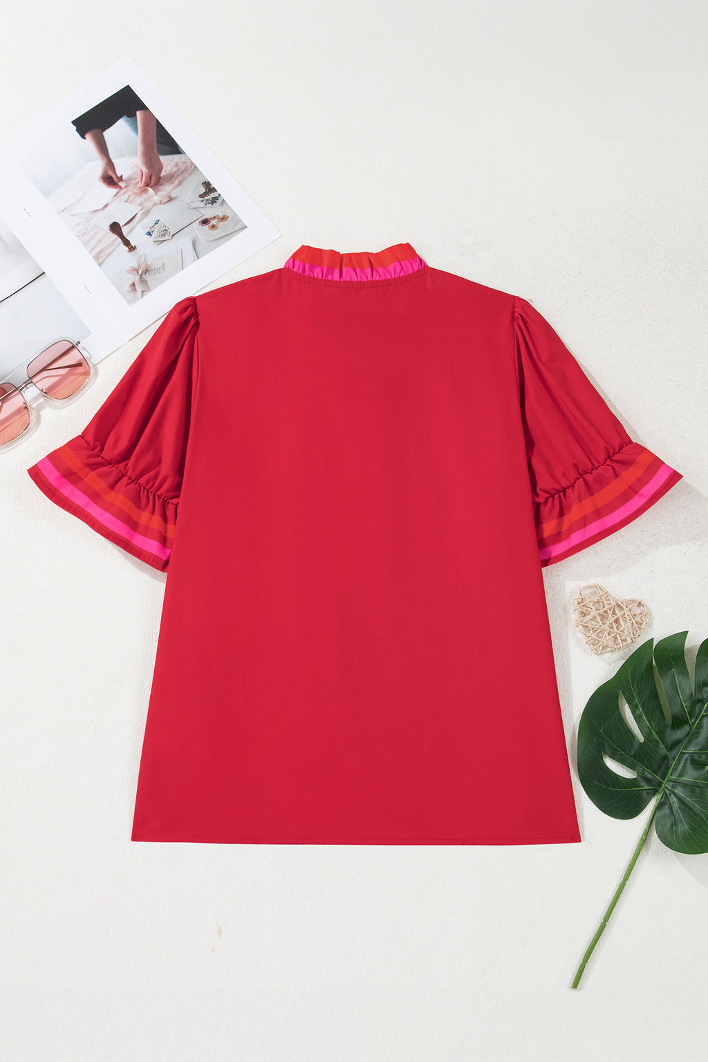 Four Leaf Clover Striped Trim Ruffle Split Neck Long Sleeve Blouse