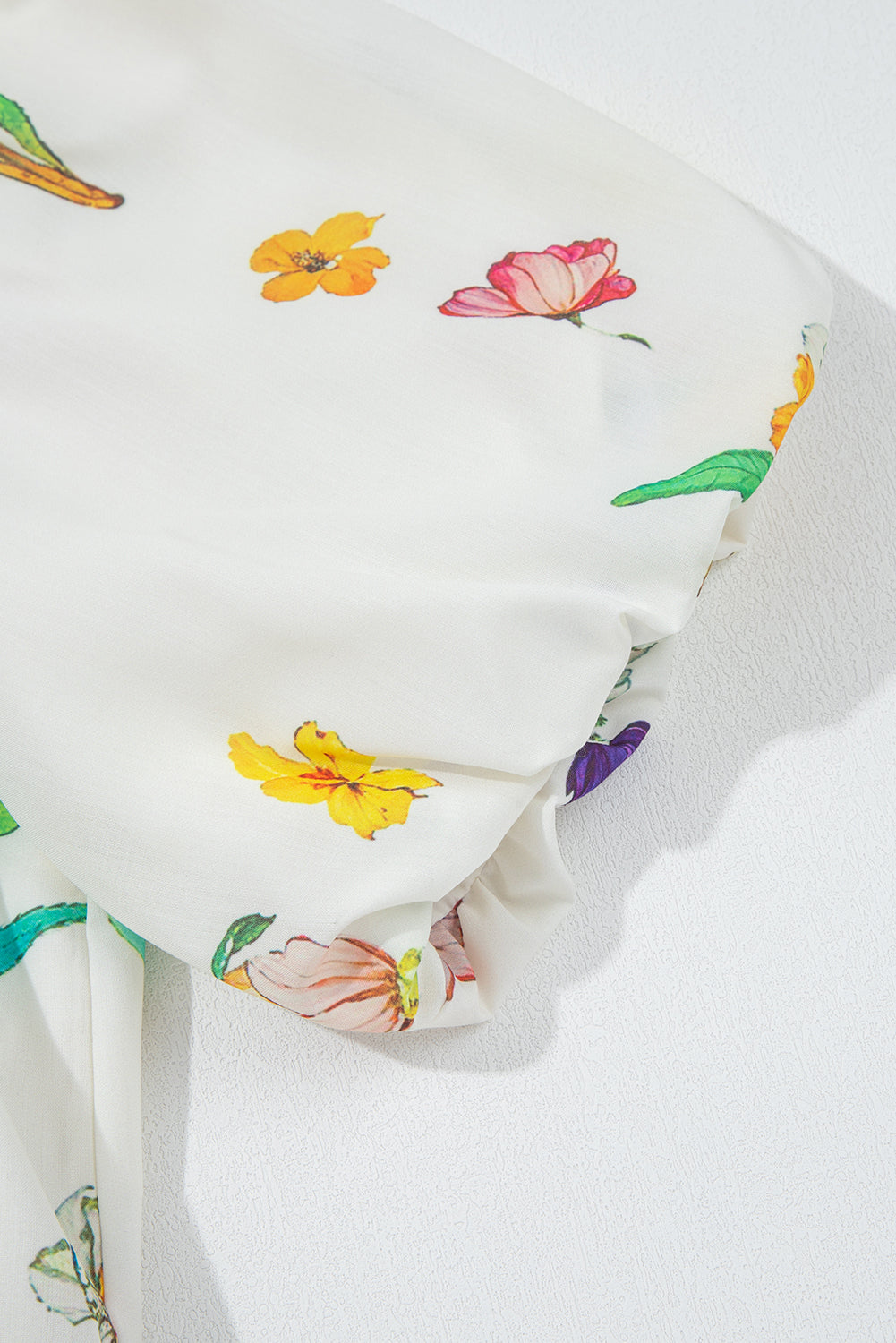White Floral Print Contrast Striped Patchwork Short Puff Sleeve Dress