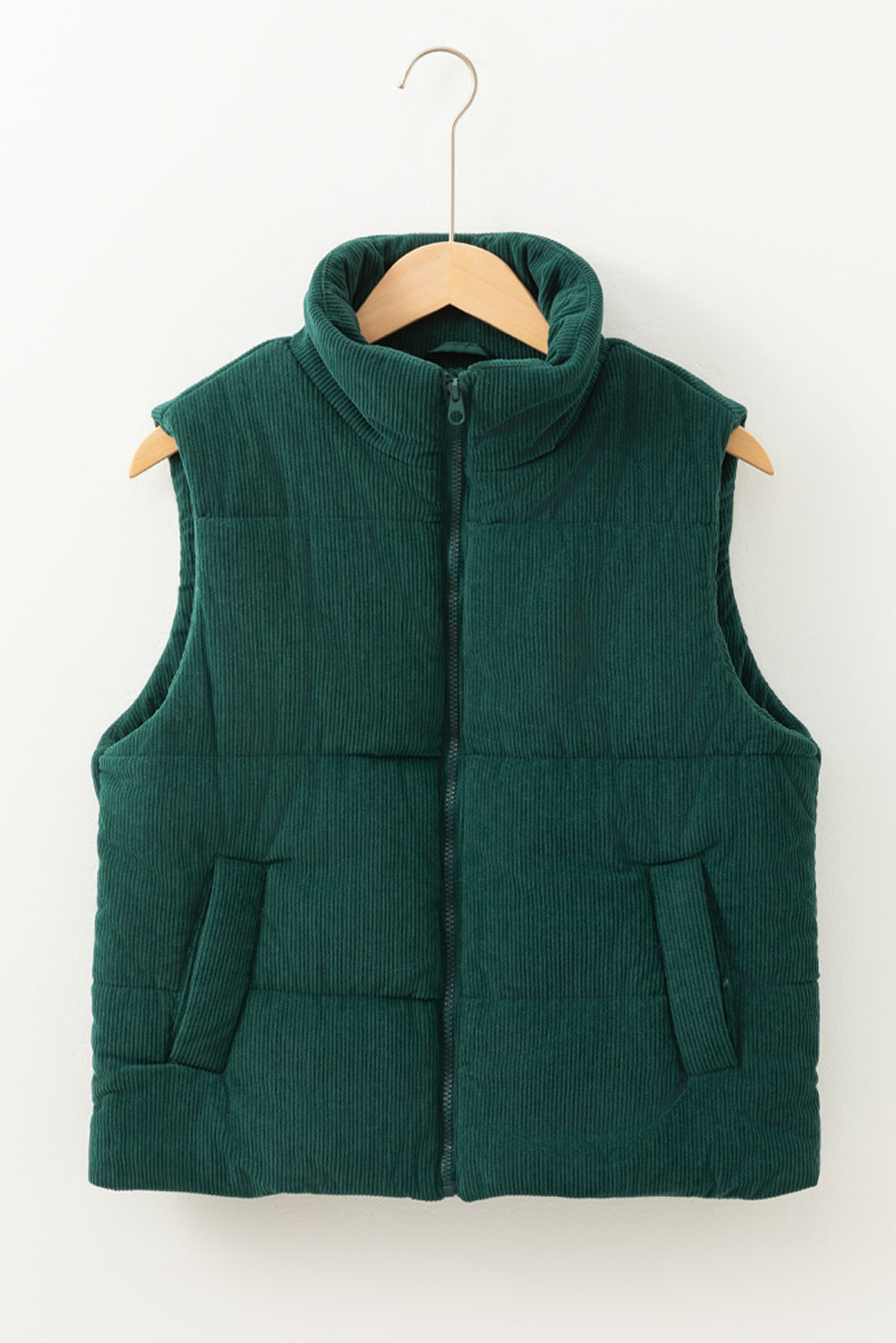 Beige Corduroy Stand Neck Zipped Puffer Vest
