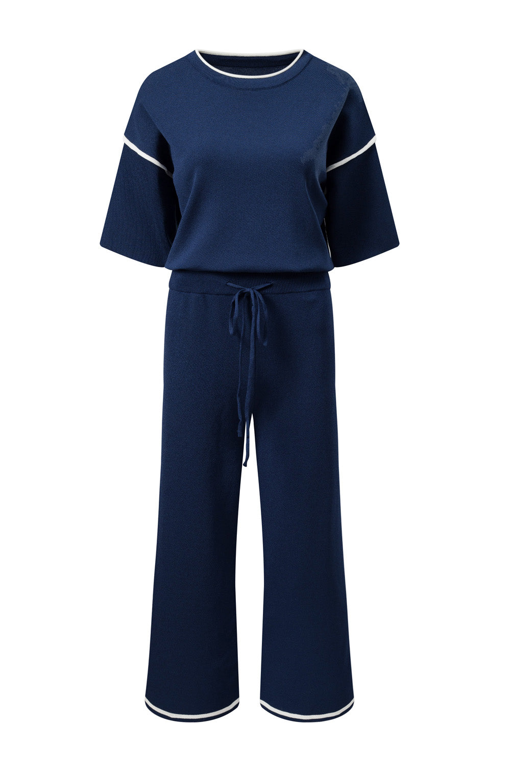 Blackish Green Contrast Trim Half Sleeve Top Drawstring Pants Loose 2pcs Sweater Suit