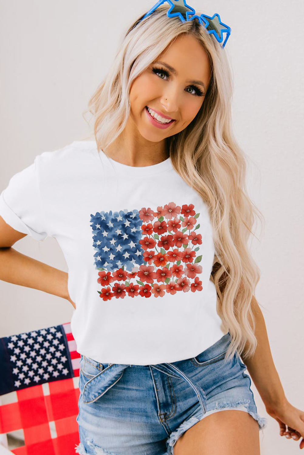 White Star Floral American Flag Printed T Shirt