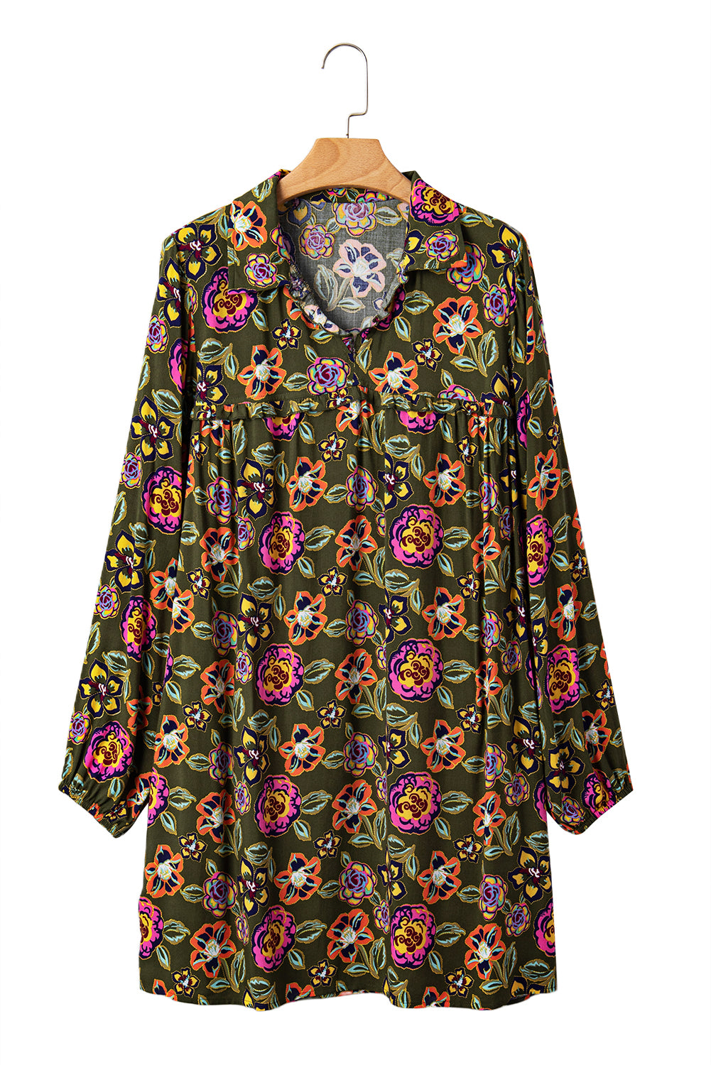 Green Plus Size Floral Print Collared V Neck Loose Mini Dress