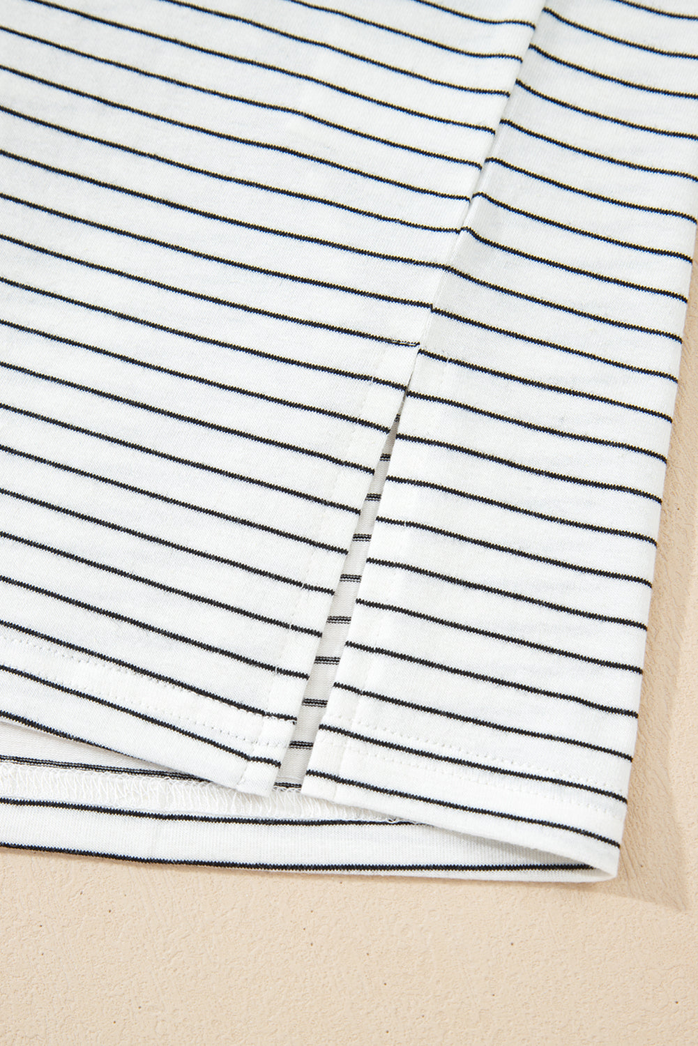 White Stripe Cap Sleeve Crew Neck Casual Tee with Chest Pocket