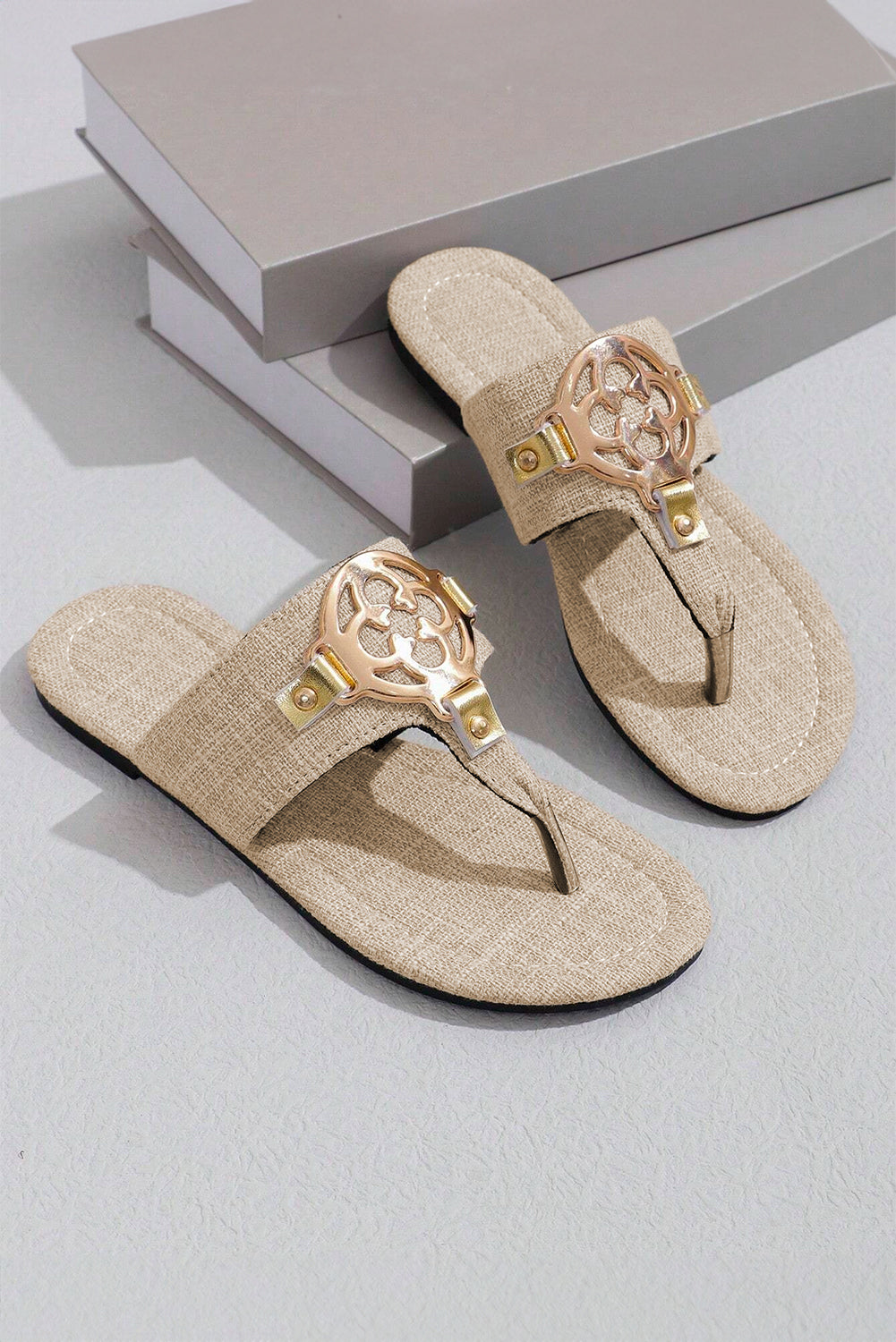 White Metal Decor Leather Thong Slippers