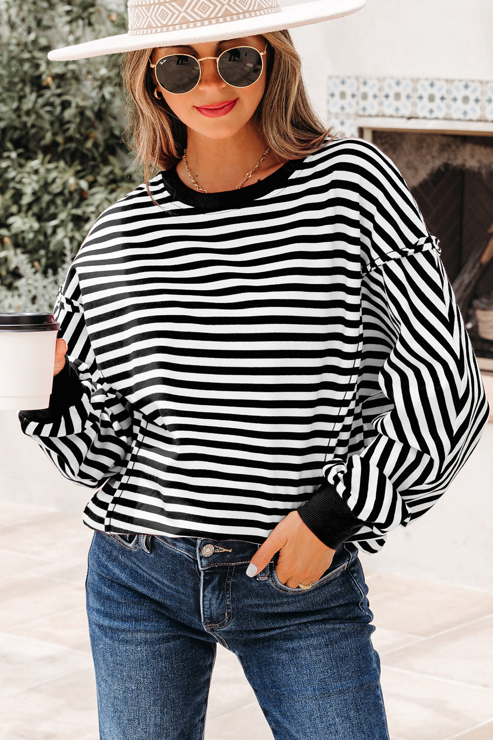 Orange Stripe Exposed Seam Drop Shoulder Casual Pullover Top