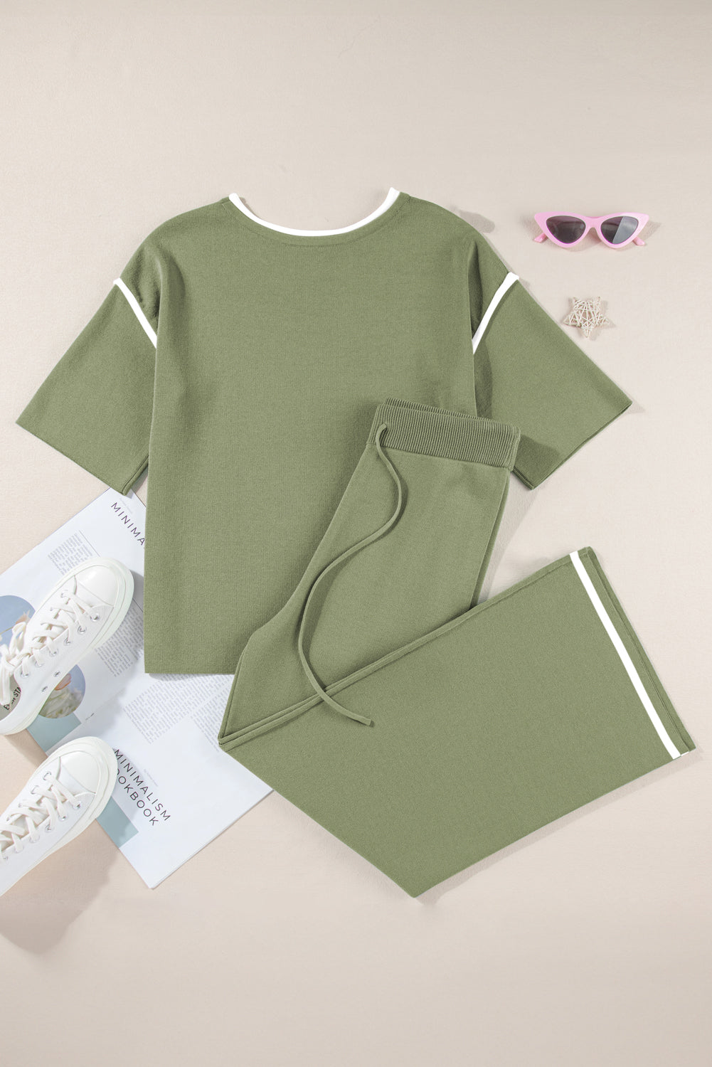 Blackish Green Contrast Trim Half Sleeve Top Drawstring Pants Loose 2pcs Sweater Suit