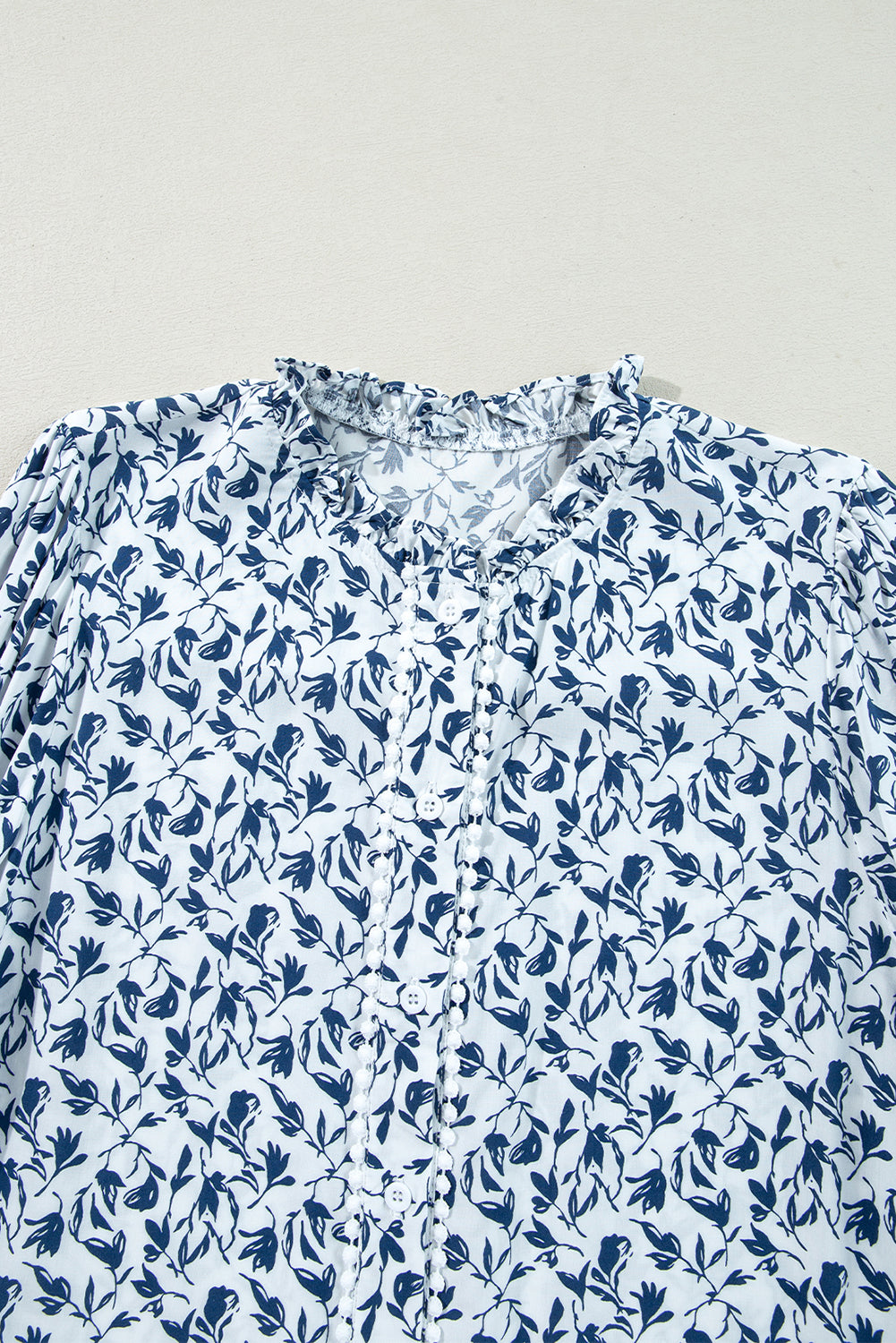 Green Printed Lace Detail Floral Puff Sleeve Fall Shirt