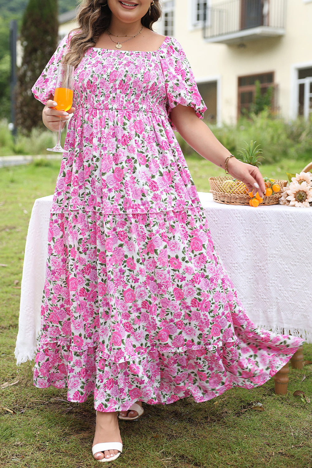 Pink Dainty Floral Smocked Puff Sleeve Flowy Long Dress
