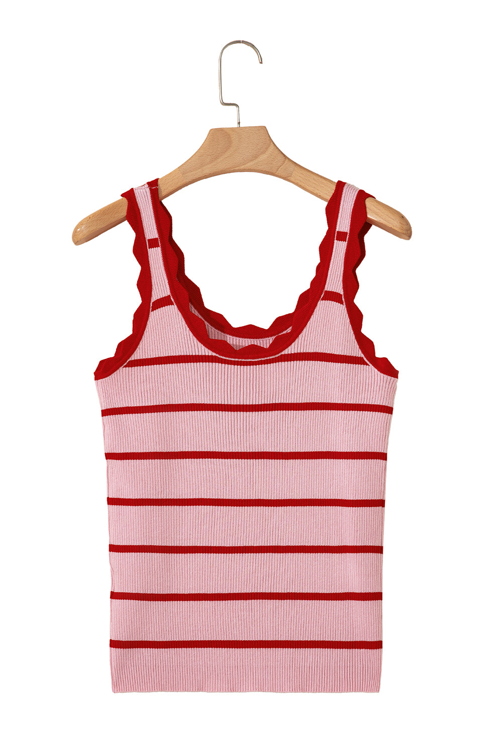 Bright Green Striped Scalloped Edge U Neck Sleeveless Sweater Vest