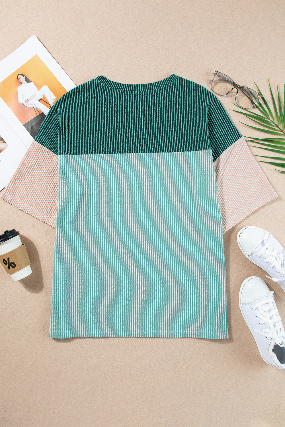 Pink Color Block Ribbed Side Slits Half Sleeve Top