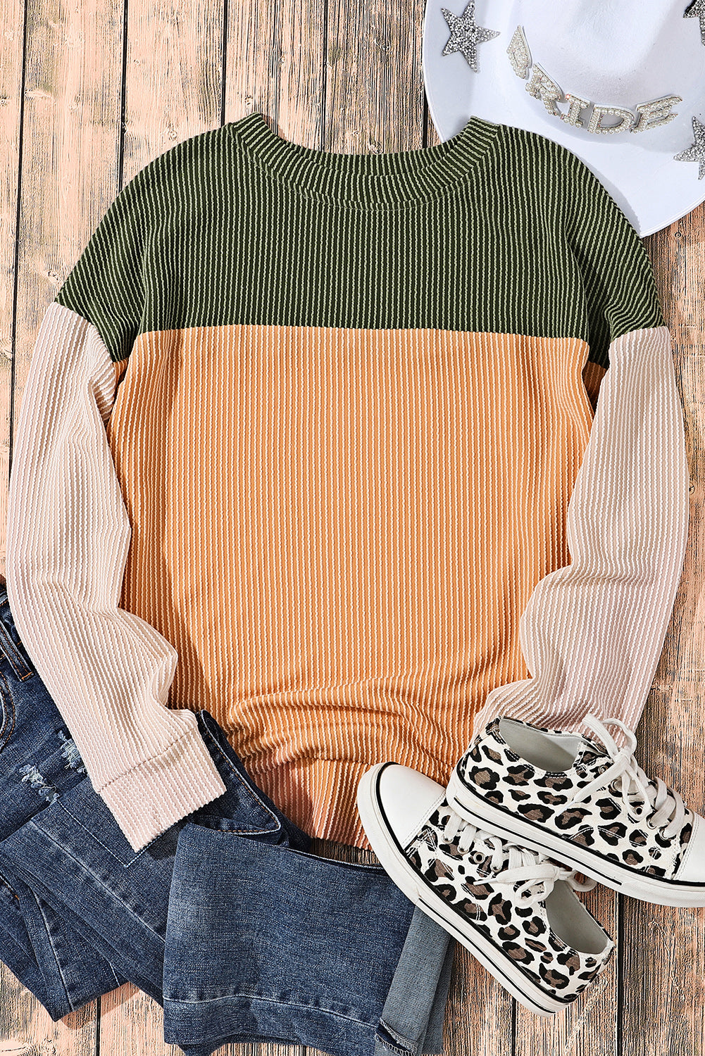 Pale Chestnut Color Block Corded Long Sleeve Top
