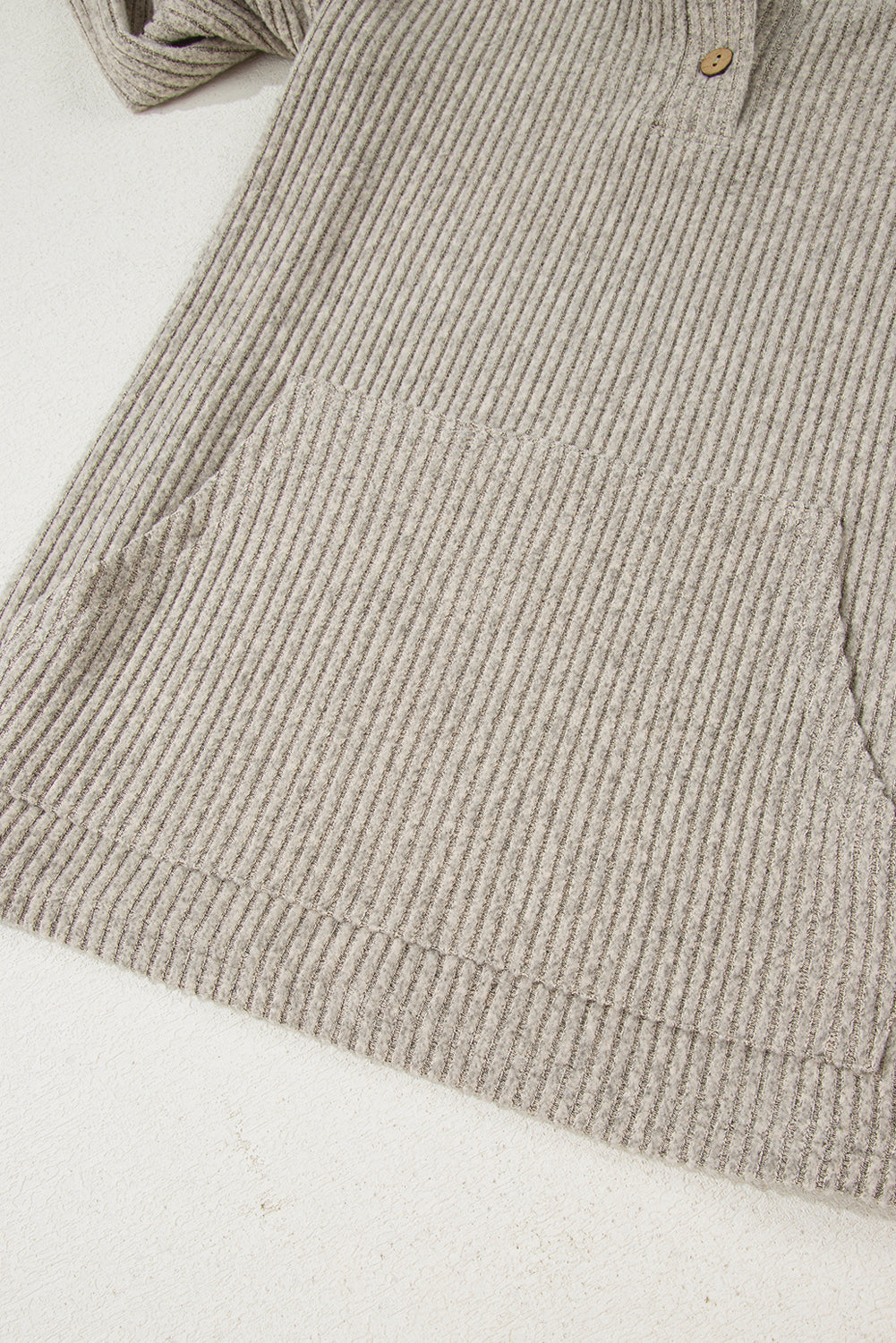 Simply Taupe Plus Size Ribbed Knit Kangaroo Pocket Henley Long Sleeve Top