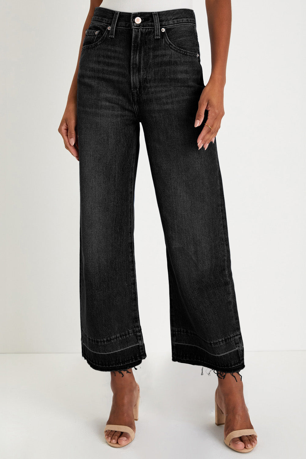 Gray Raw Hem Straight Leg Loose High Waist Jeans