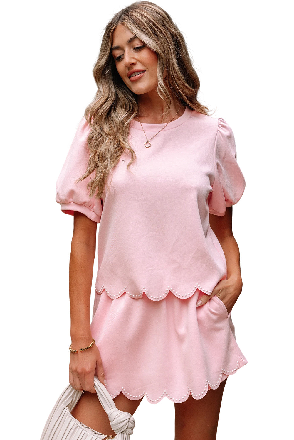 Light Pink Puff Sleeve Pearl Embellished Scallop Trim Top 2 Piece Skort Set