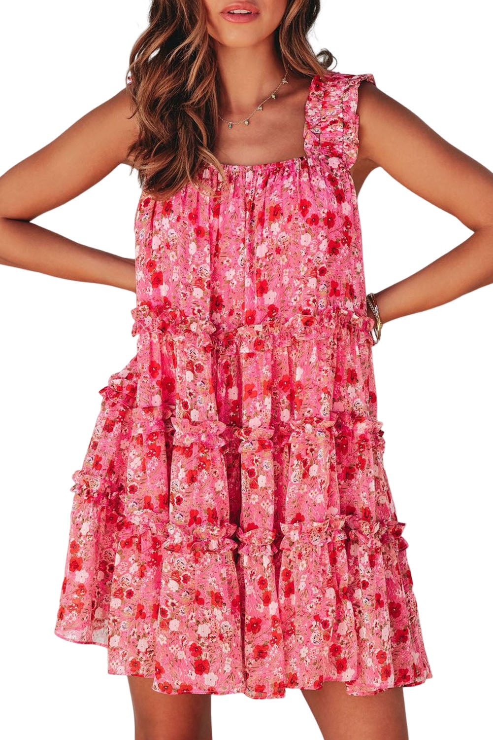 Fiery Red Tiered Ruffled Square Neck Sleeveless Floral Mini Dress