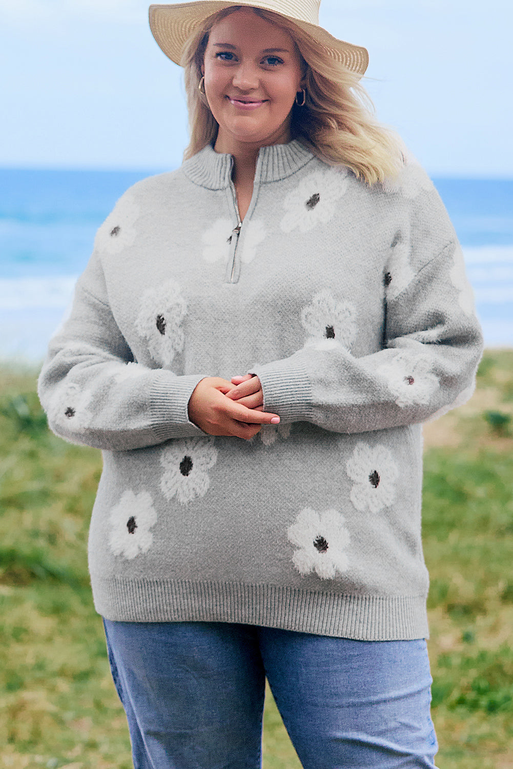 Khaki Floral Pattern Half Zip Drop Shoulder Sweater