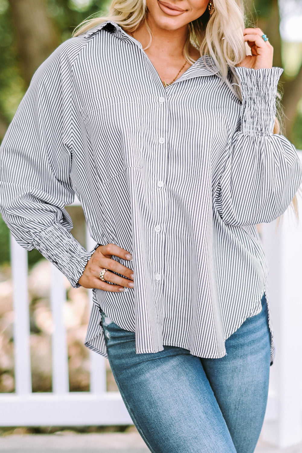 Red Stripe Smocked Cuffed Striped Boyfriend Shirt with Pocket