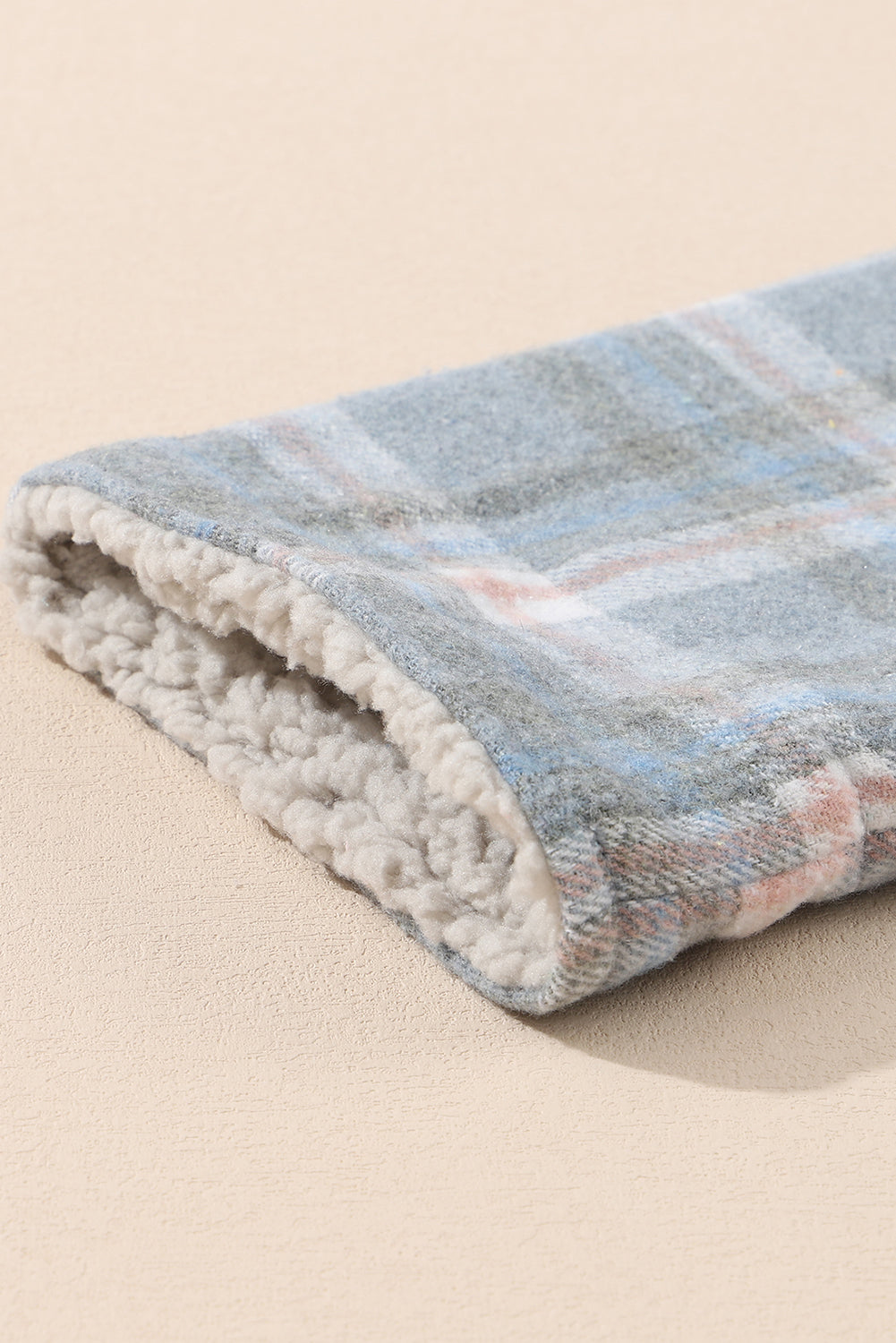 Sky Blue Stripe Sherpa Collar Cuffs Patchwork Plaid Shirt Jacket with Chest Pocket