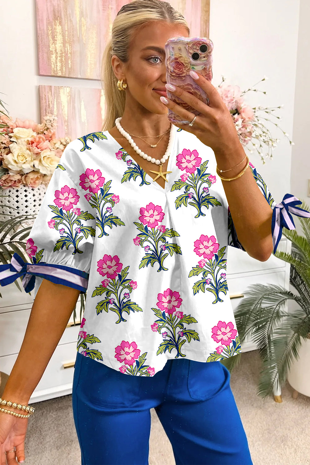 White Floral Puff Short Sleeve V Neck High Waist Maxi Dress
