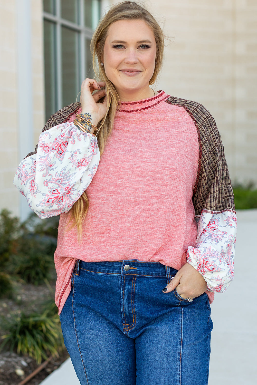 Fushia Mixed Print Raglan Sleeve Ribbed Knit Patchwork Blouse