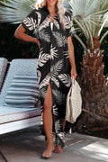 Black Tropical Printed Short Sleeve Beach Coverup Shirt Dress